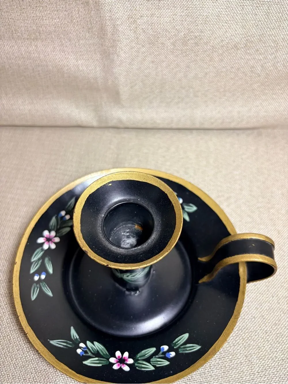 Vintage Centrum Toleware Chamberstick Candle Holder Hand Painted Floral 1989